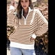 thumbnail image 5 of Suéter de Punto Acanalado de Larga con Media Cremallera A Rayas para Mujer, Tops Casuales, Cómodos y Ligeros, Moda de Otoño Marrón M, 5 of 8