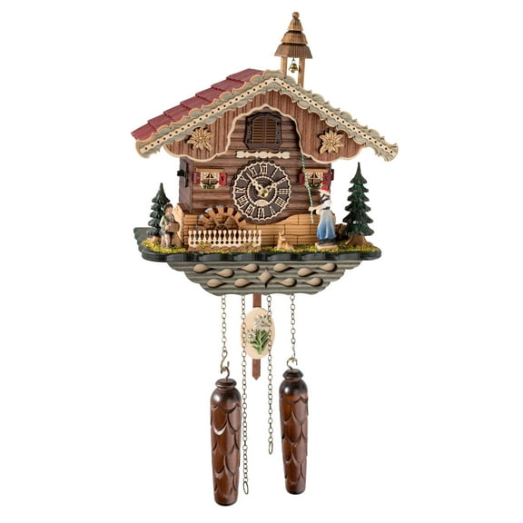 Quartz Cuckoo Clock Black forest house, turning mill-wheel and moving  bell ringer