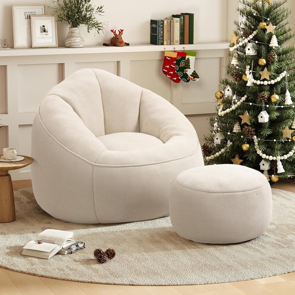 Bean Bag Chairs for Adults, Bean Bag Chair for Kids, 3.4 FT Beanbag Chair with Ottoman, Bubble Chair Corner Chair, Modern Giant Bean Bag Sofa for Living Room, Beige