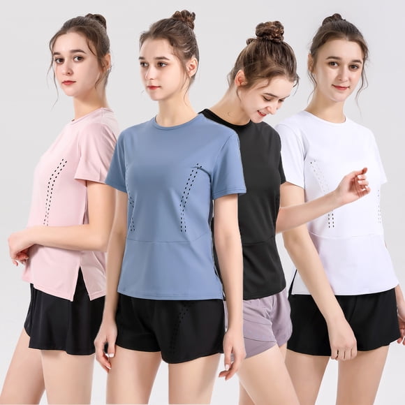 T-Shirt de Yoga pour Femmes Col Rond Manches Courtes Hauts Ourlet Fendu Creux Respirant Élastique Solide Ample