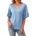 thumbnail image 1 of Camiseta elegante de mujer con cuello en V y mangas con volantes: ropa informal de verano, tejido transpirable, fácil de cuidar, 1 of 6