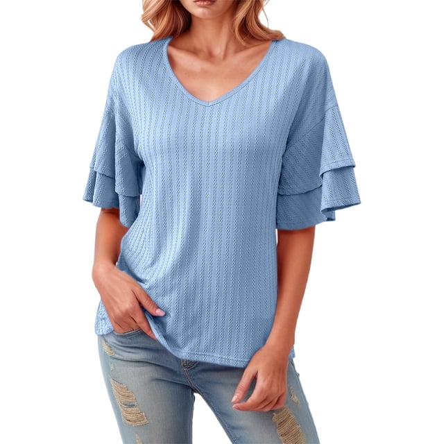 Camiseta elegante de mujer con cuello en V y mangas con volantes: ropa informal de verano, tejido transpirable, fácil de cuidar