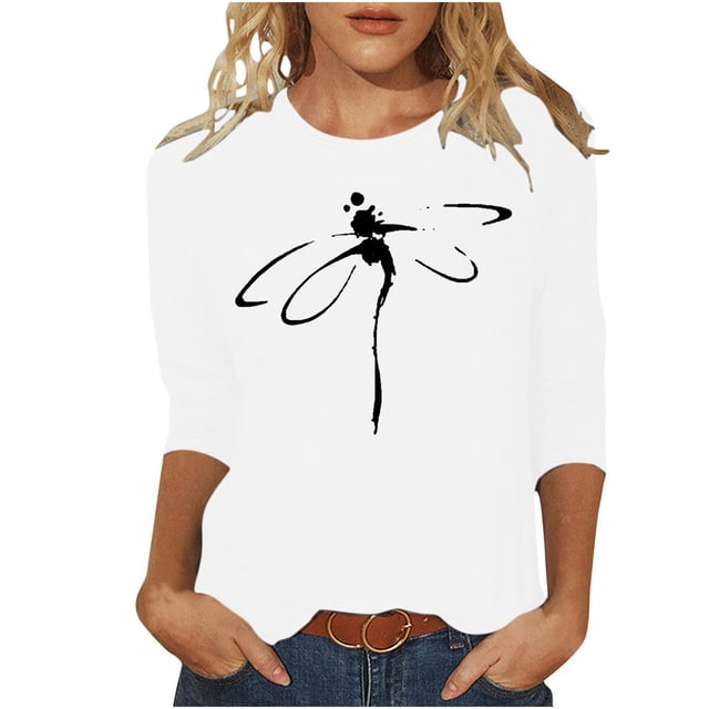 CHOK T-Shirt d'Été à Manches 3/4 Décontracté Motif Libellule pour Femmes Manches Trois-Quarts Chandail Col Rond T-Shirts Unis Tunique Élégante Confortable Marron TTG