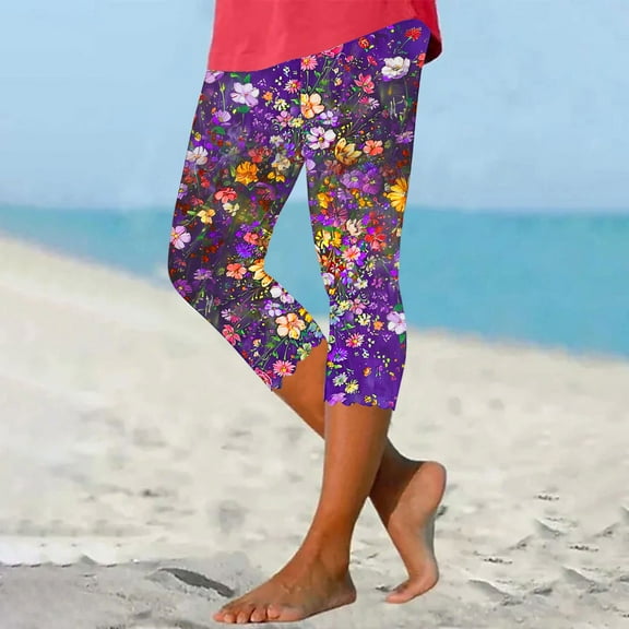 BADHUB Women's Floral Printed Capri Leggings Elastic High Waist Casual Leggings Pants Stretchy Tight Pants Lounge Workout Yoga Capris Pants on Clearance Sales