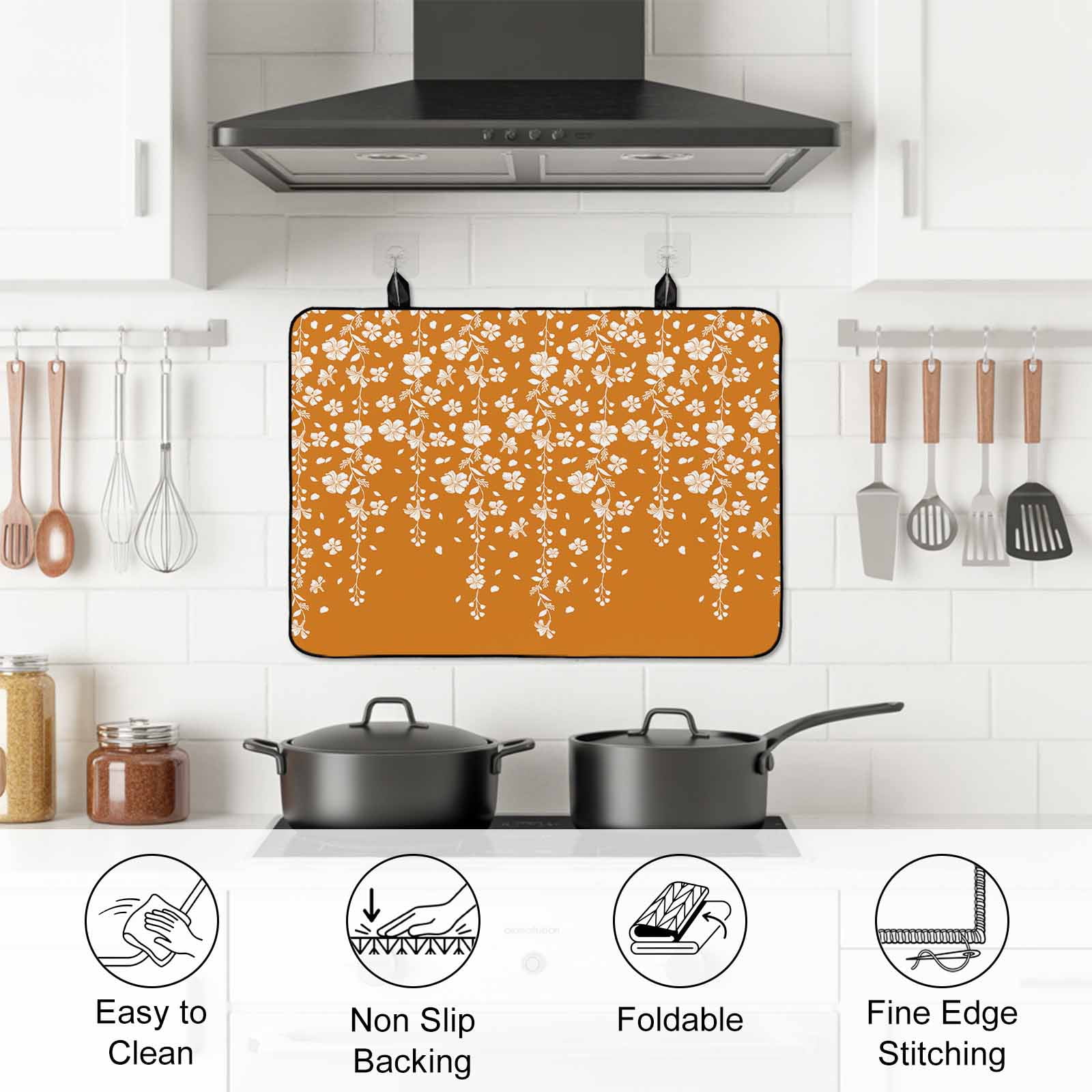 Weeping Flowers Stove Top Cover for Electric Stove, Heat-proof & Non Slip Glass Top Stove Cover Protector, Orange Spring Floral Botanical Art Aesthetics Kitchen Flat Cooktop Rubber Mat 24x21 Inches