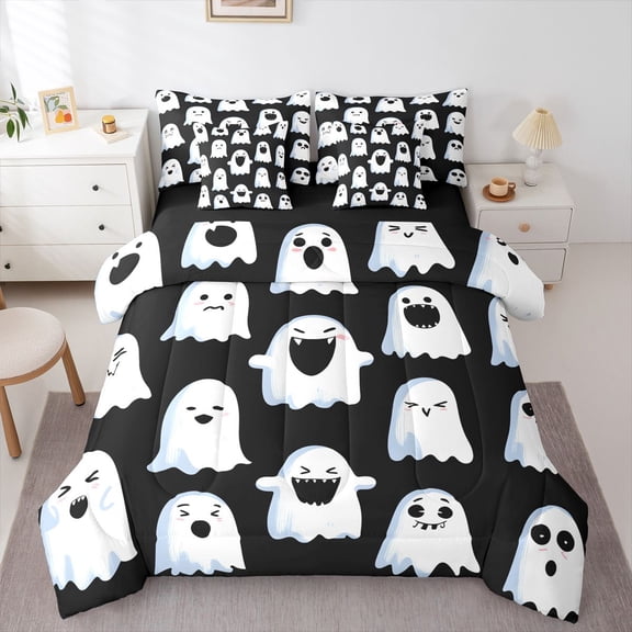 Manfei Cute Ghost 7pcs Queen Bedding,Spooky Halloween Bedding Comforter Set Queen,Black,Black Reversible