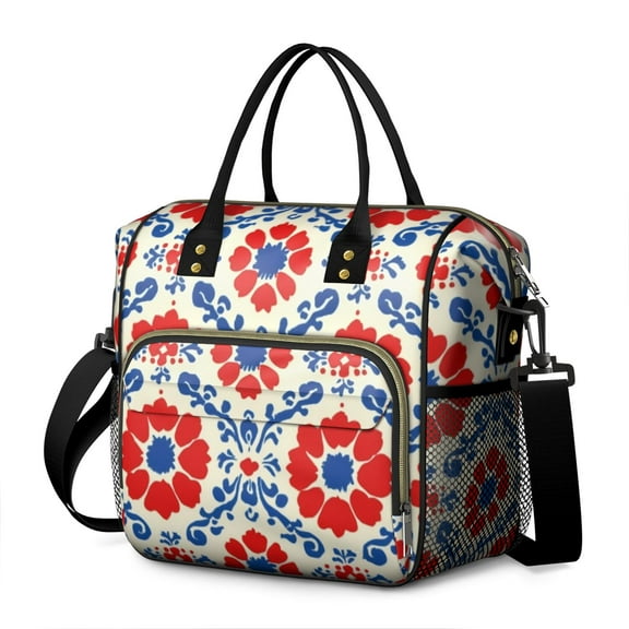 OBREWU Red and Blue Pioneer Flower Modern Art Geometric Women's Insulated Leakproof Large Lunch Bag, Oxford Cloth
