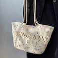 thumbnail image 2 of Verdant Touch Bolsa de paja de un solo hombro, tejido de papiro, gran capacidad, diseño hueco simple, cesta tejida para viajes, vacaciones, puntos coloridos en blanco, multicolor, 60_x_180_cm, 2 of 5