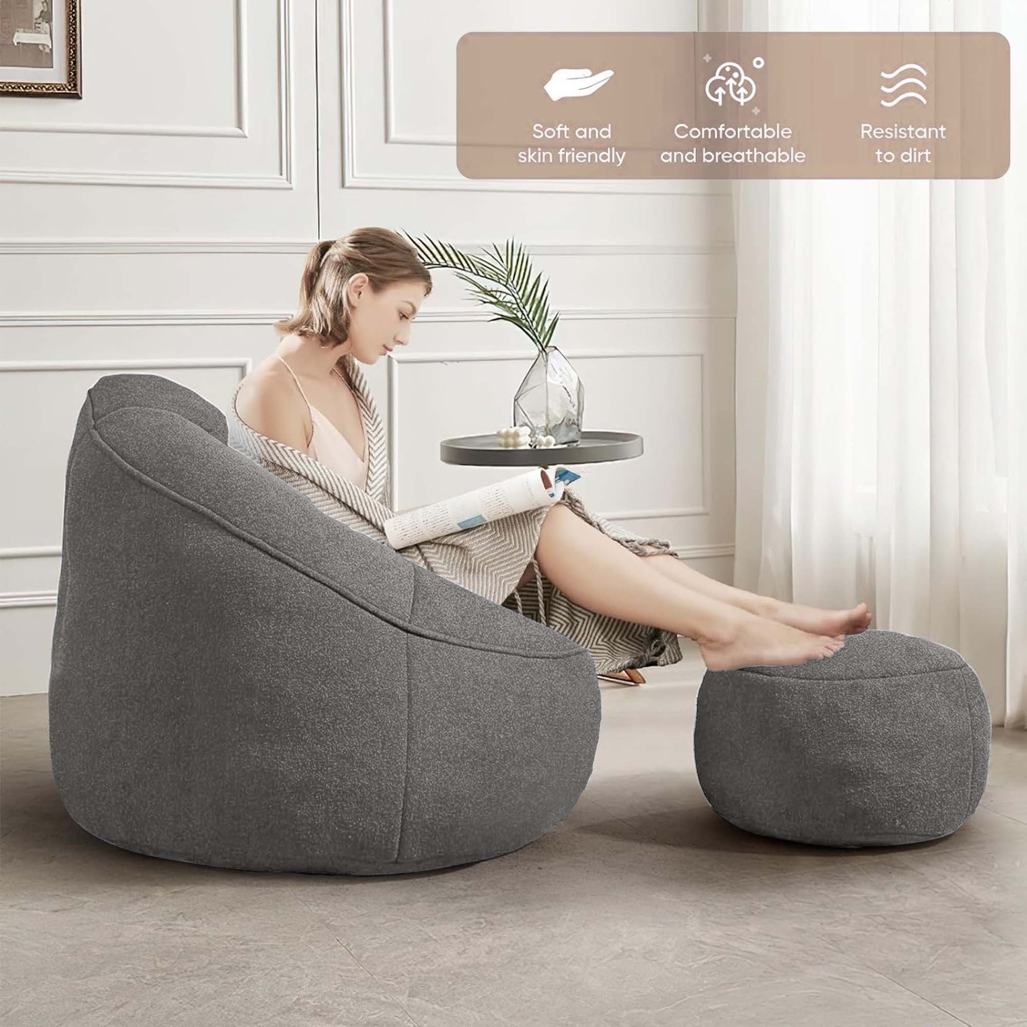 Aukfa Bean Bag Chair, Lazy Sofa Beanbag with Ottoman for Living Room, Dorm - Gray
