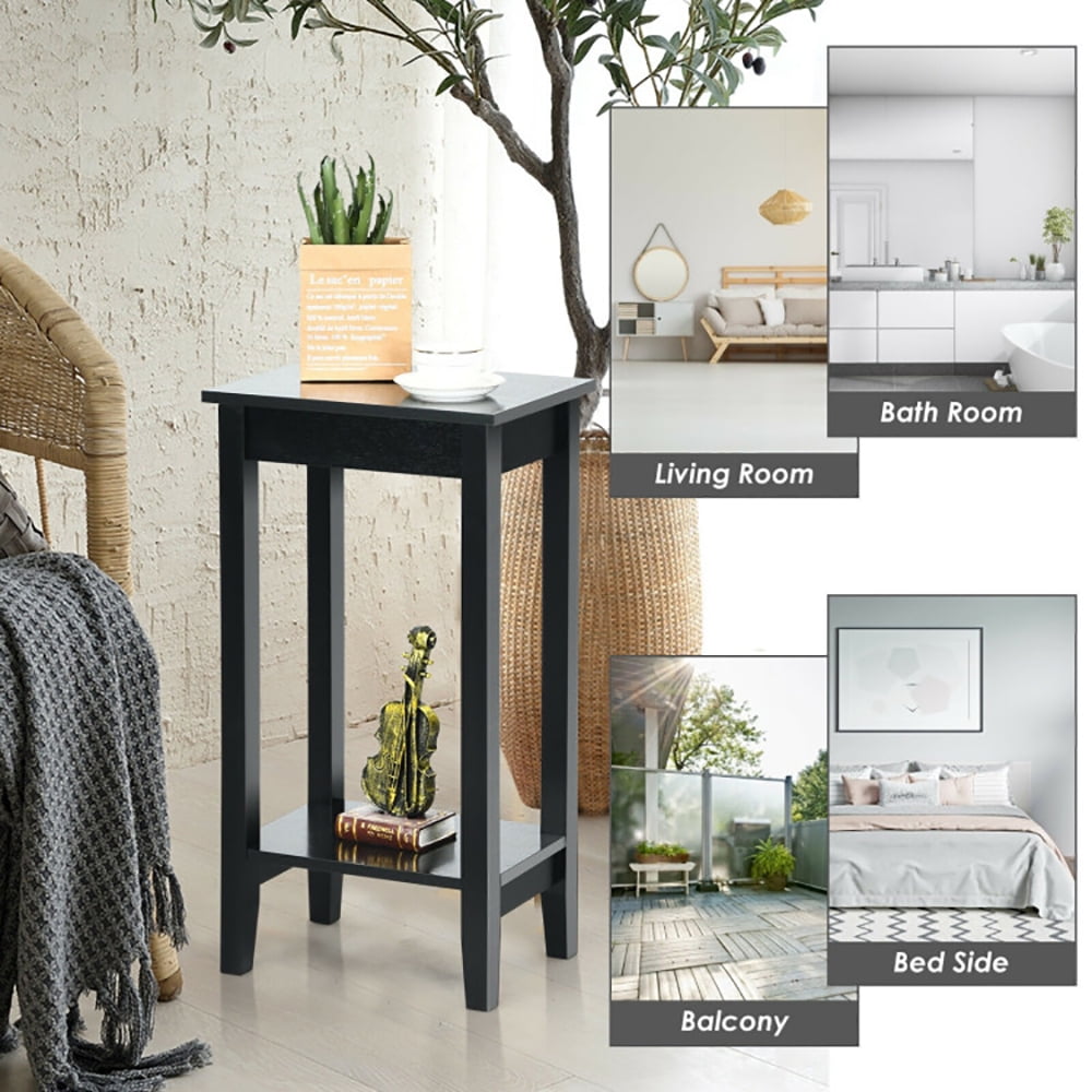 Finihen End Side Table, Sofa Side Table, Bed Side Table, 2-Tier Nightstand End Side Wooden Legs Table, for Living Room, Bedroom, Black