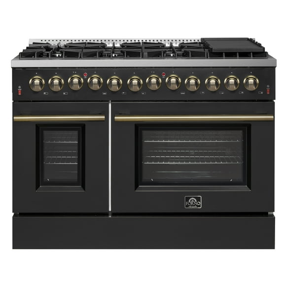 Galiano 48-inch Dual Fuel Range Black Antique Brass Design with 8 Sealed Burners 107,000 BTU, 6.58 cu. ft. double ovens Griddle