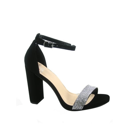 Laser Women s Rhinestone Open Toe Ankle Strap Buckle Chunky High Heels Sandals Shoes (Black Rhinestone  5.5)