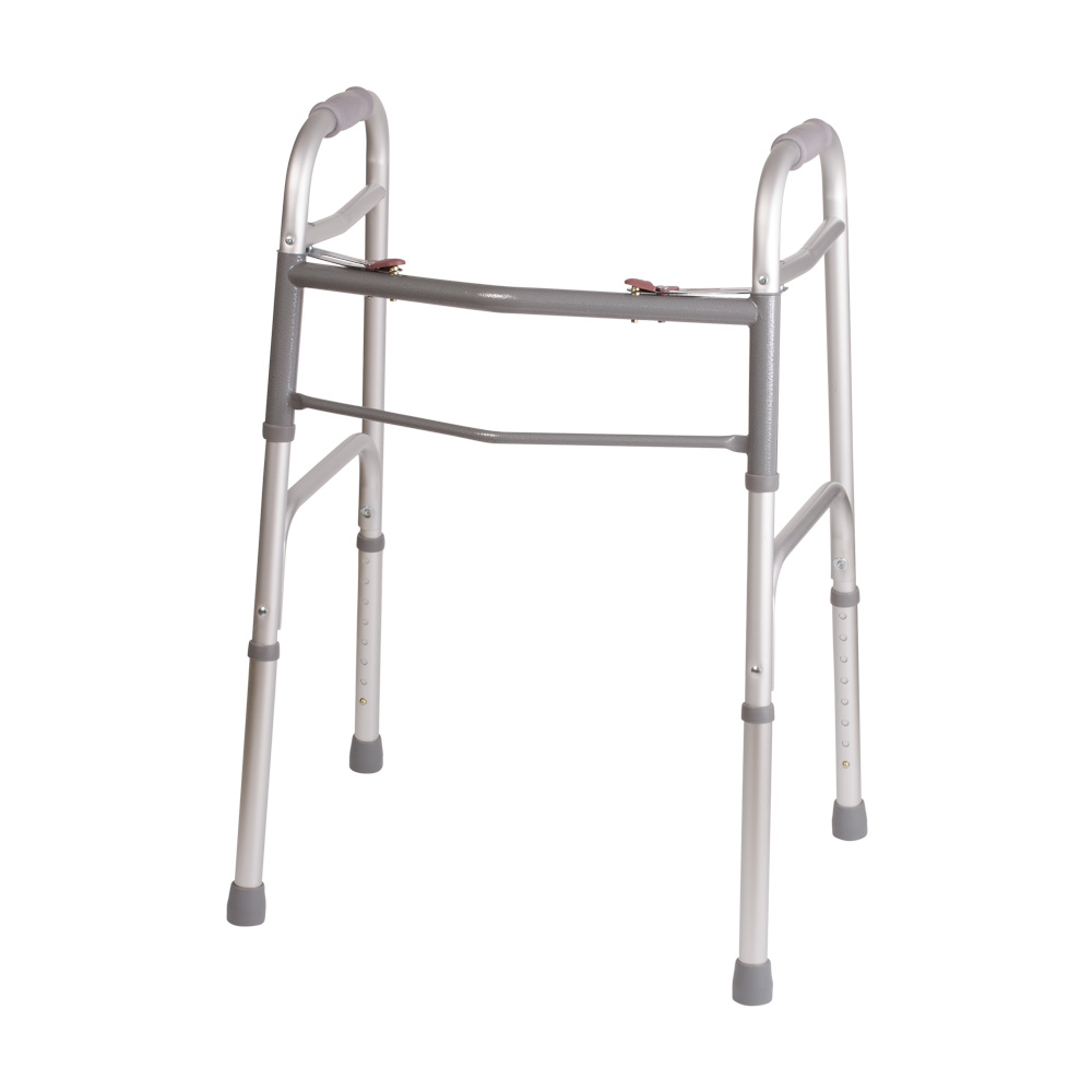 DMI TwoButton Release Aluminum Folding Walker with Rubber Tips, Silver