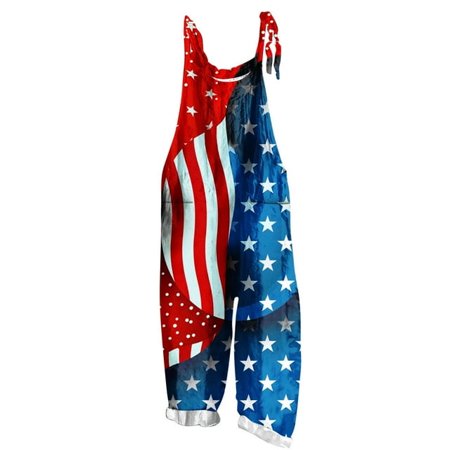 Combinaison Sans Manches Imprimée pour la Fête de l'Indépendance pour Femmes, Polyester Décontracté à Deux Poches, Longueur Régulière, Bleu, Lavage à la Main Froid