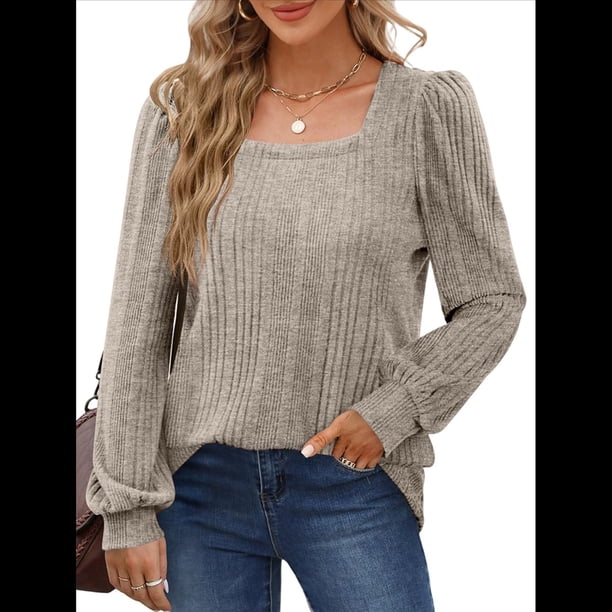 Camisas Tipo Túnica para Mujer, Camisas Holgadas de Larga, Camisas de Cuello Cuadrado Caqui XL