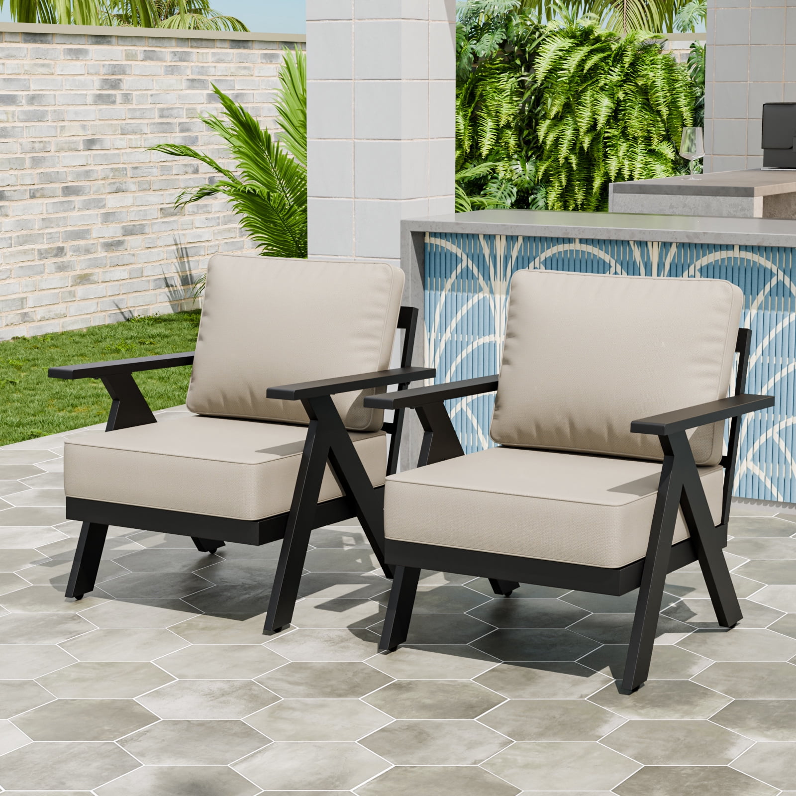 EAGLE PEAK Urban Slate Modern Patio Accent Chair Set of 2 with Thick Cushions，Black/Beige