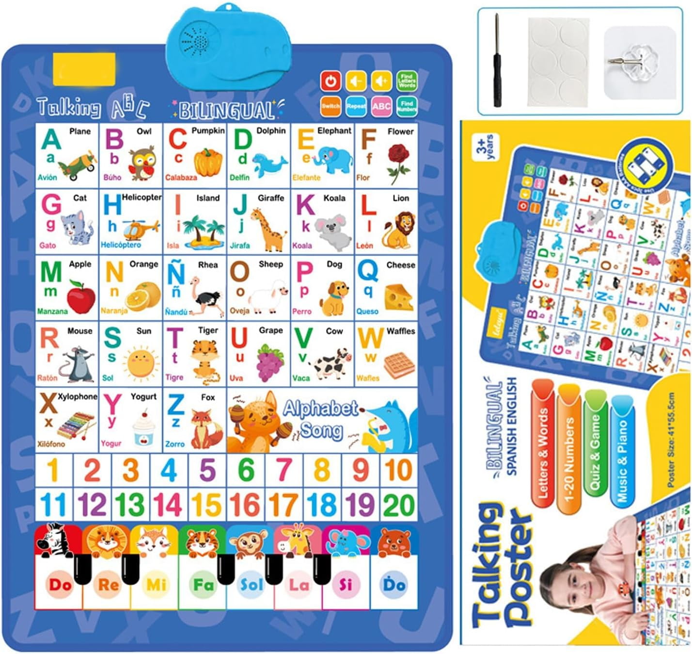 Talking Wall Chart, Bilingual English & Spanish Learning Poster with ABCs, Numbers and Piano, Interactive Educational Toy