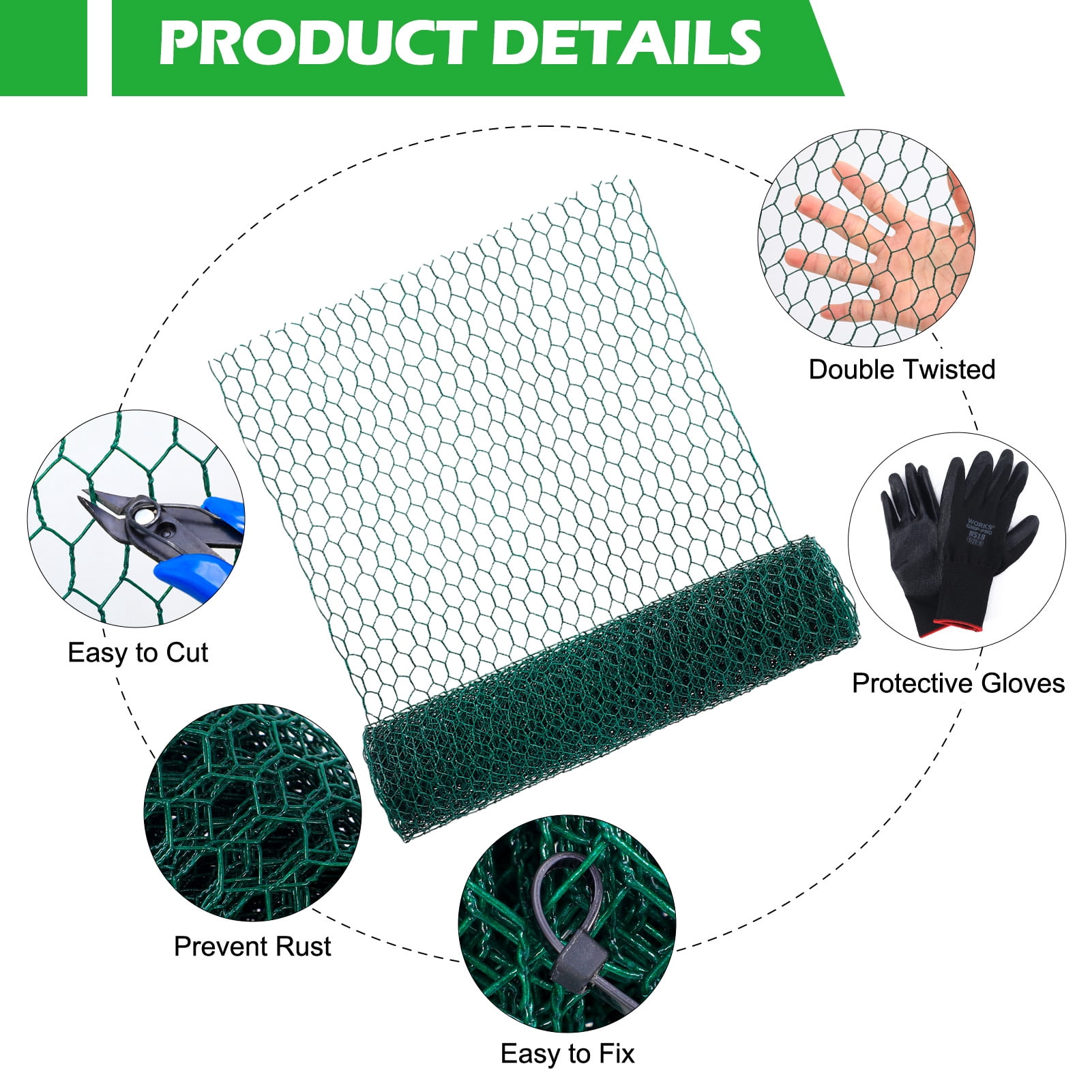 topjuju Chicken Wire Fencing Set , 15 x 394 Inches Green Chicken Wire Mesh with 50 Twist Ties, Pliers and Gloves, 0.6 Inch Hexagonal Galvanized PVC Coated Netting Fence for Crafts, Poultry, Garden