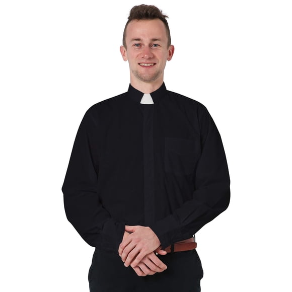 GraduatePro Men Priest Clergy Shirt Long Sleeves with Free Tab Collar Insert Black 18