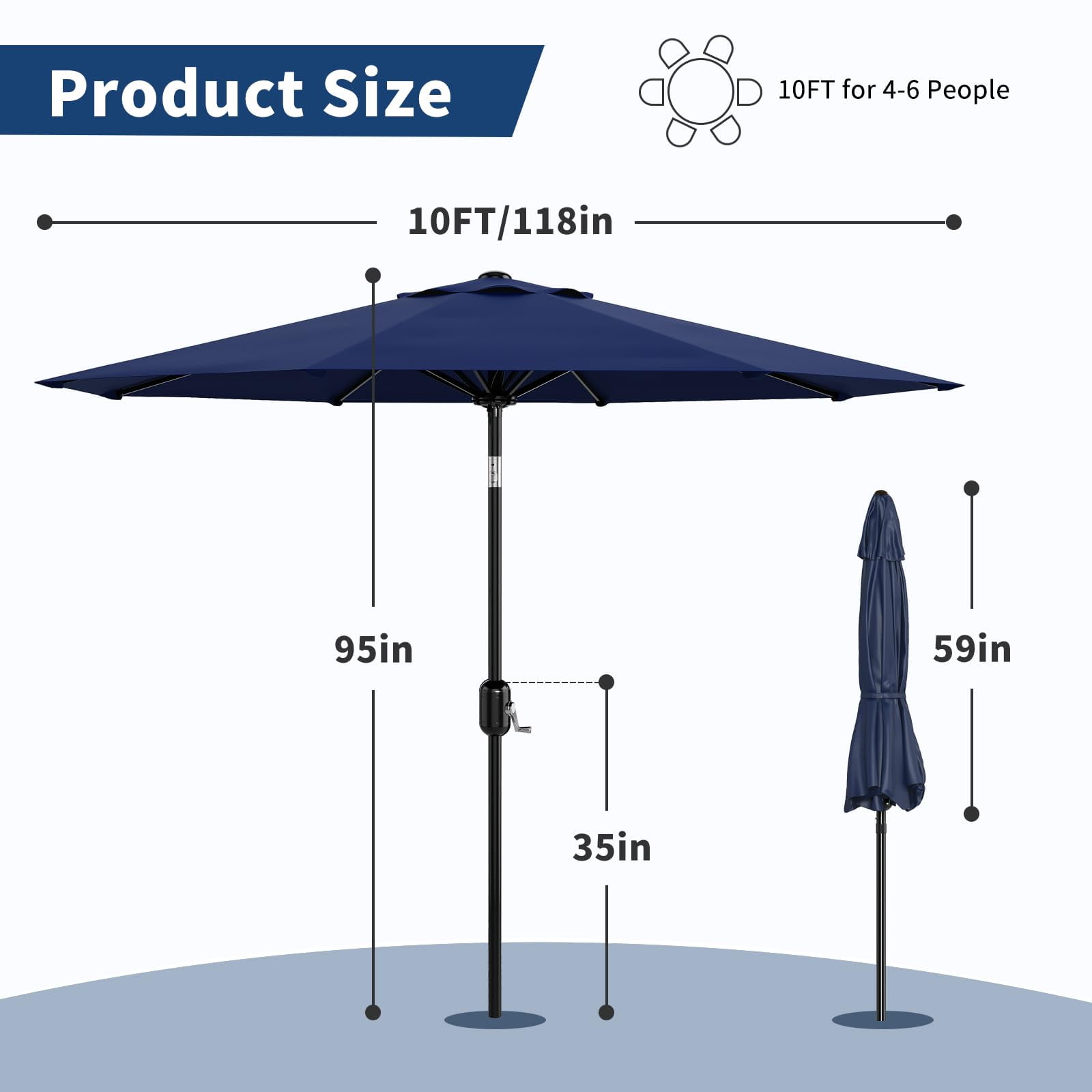 Garvee Patio Umbrella 10 ft, Table Umbrella Outdoor Patio UV Protection with Crank Lift & Push Button Tilt, 8 Sturdy Ribs for Yard, Deck, Pool, Navy blue