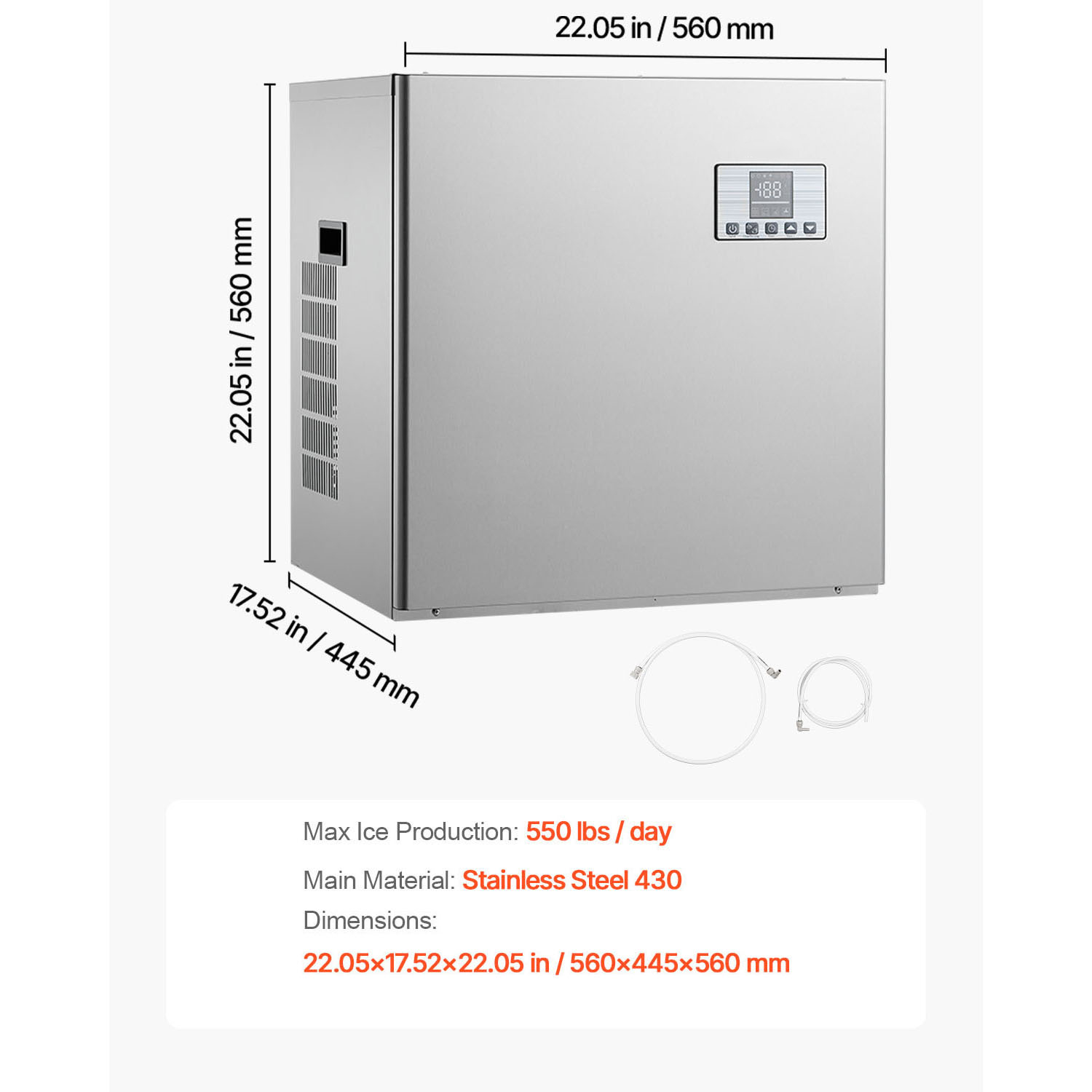 KFFKFF Commercial Ice Maker Machine - 550 Lbs/Day Stainless Steel Ice Machine with Programmable Ice-Making, Self-Cleaning, Adjustable Thickness, Suitable for Restaurants, Bars, Cafes, and Hotels