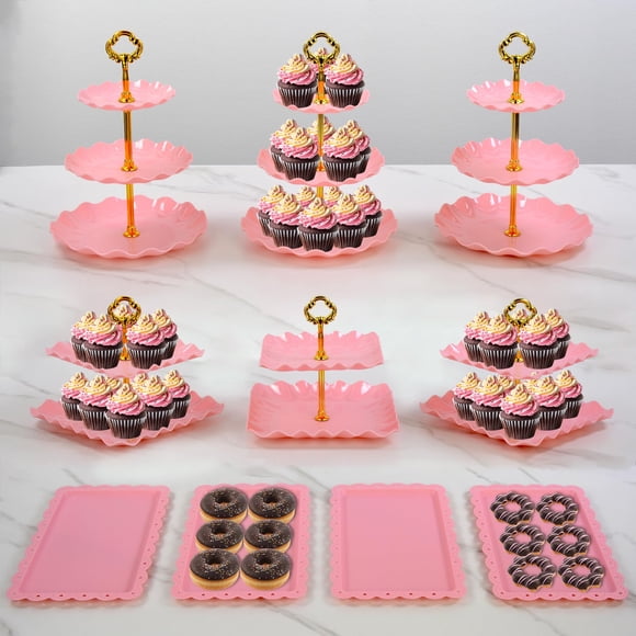 Juego de soportes para pastel NWK de 10 piezas, rosa, bandejas para cupcakes de 2 y 3 niveles