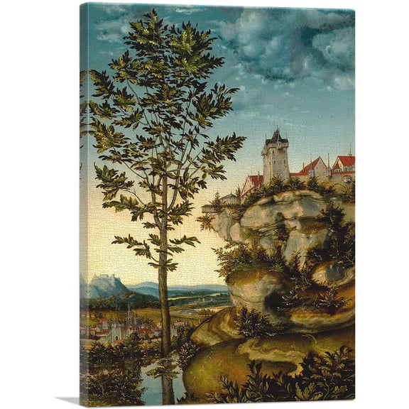 ARTCANVAS Landscape With Fortified Buildings On Rocky Bluff Canvas Art Print by Lucas Cranach the Elder - Size: 12" x 8" (0.75" Deep)