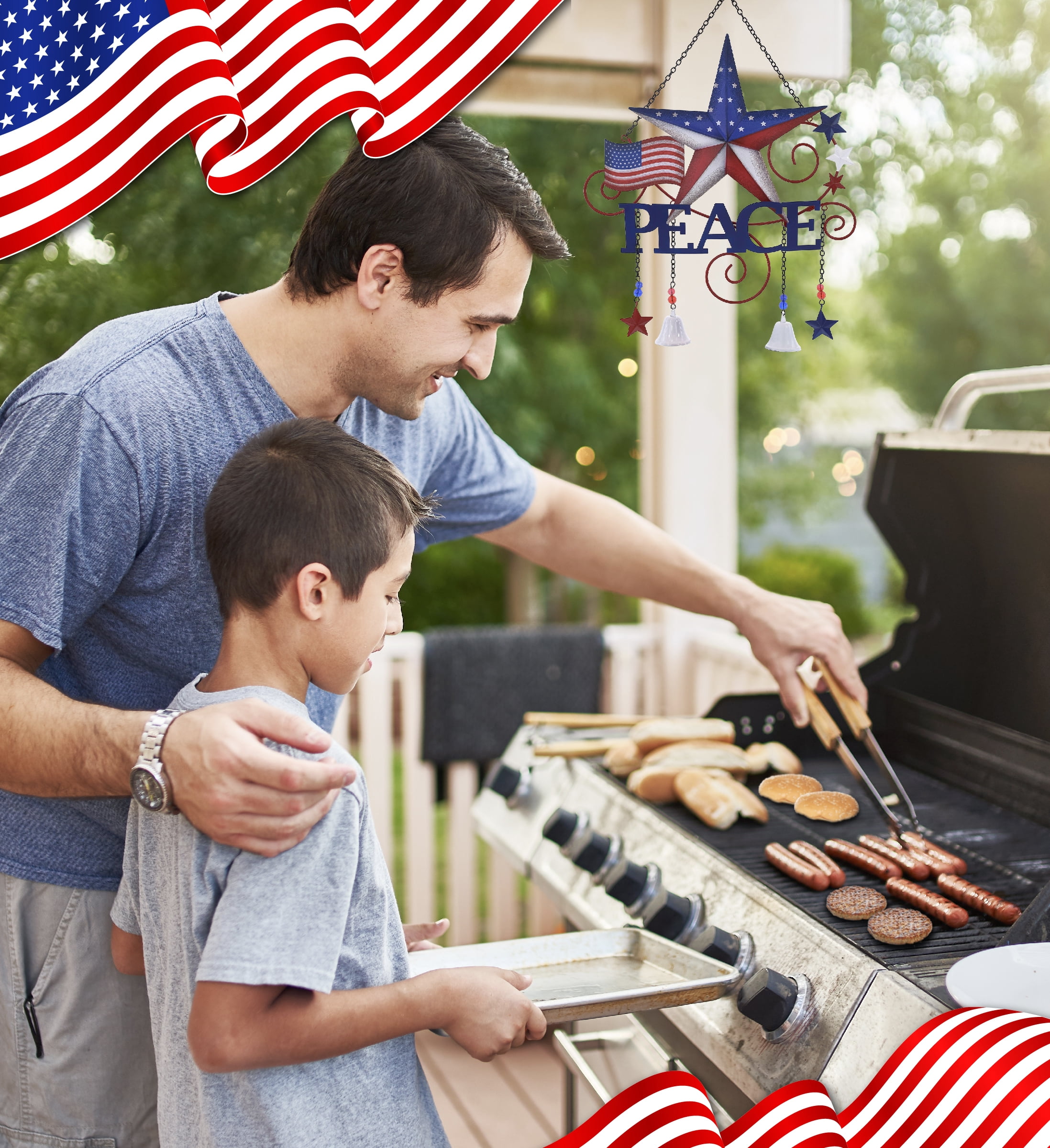 CoTa Global USA Flag Peace Wind Chime - American Flag Patriotic Indoor or Outdoor Windchime Home Decor with Hanging Bells, Handcrafted Glass and Metal Wind Chimes for Yard, Garden, Porch - 20 Inches