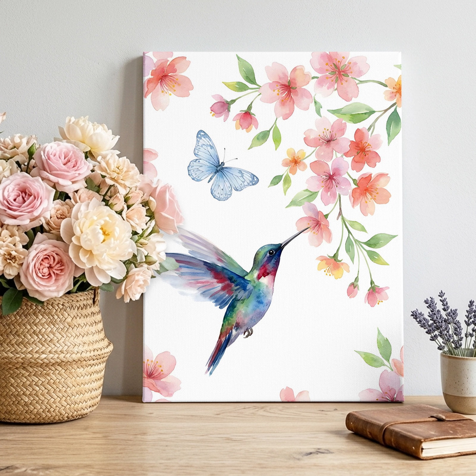 Spring Bird Canvas Wall Art for Living Room Pink Orange Flower Watercolor Blue Butterfly Country Wall Decor Framed Artwork Pictures Ready to Hang for Bedroom Office Home Decor 20x30 Inch