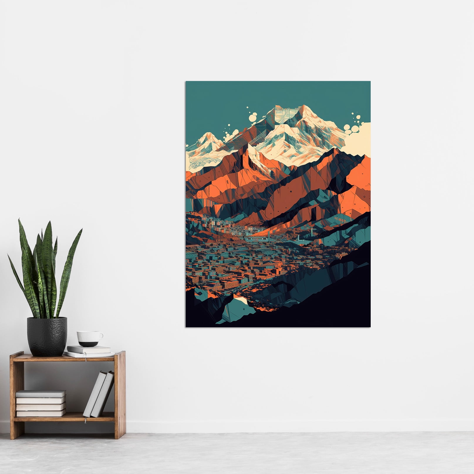 Modern City Surrounded by Tall Mountains Landscape Large Wall Art Poster  Print Thick Paper 18X24 Inch