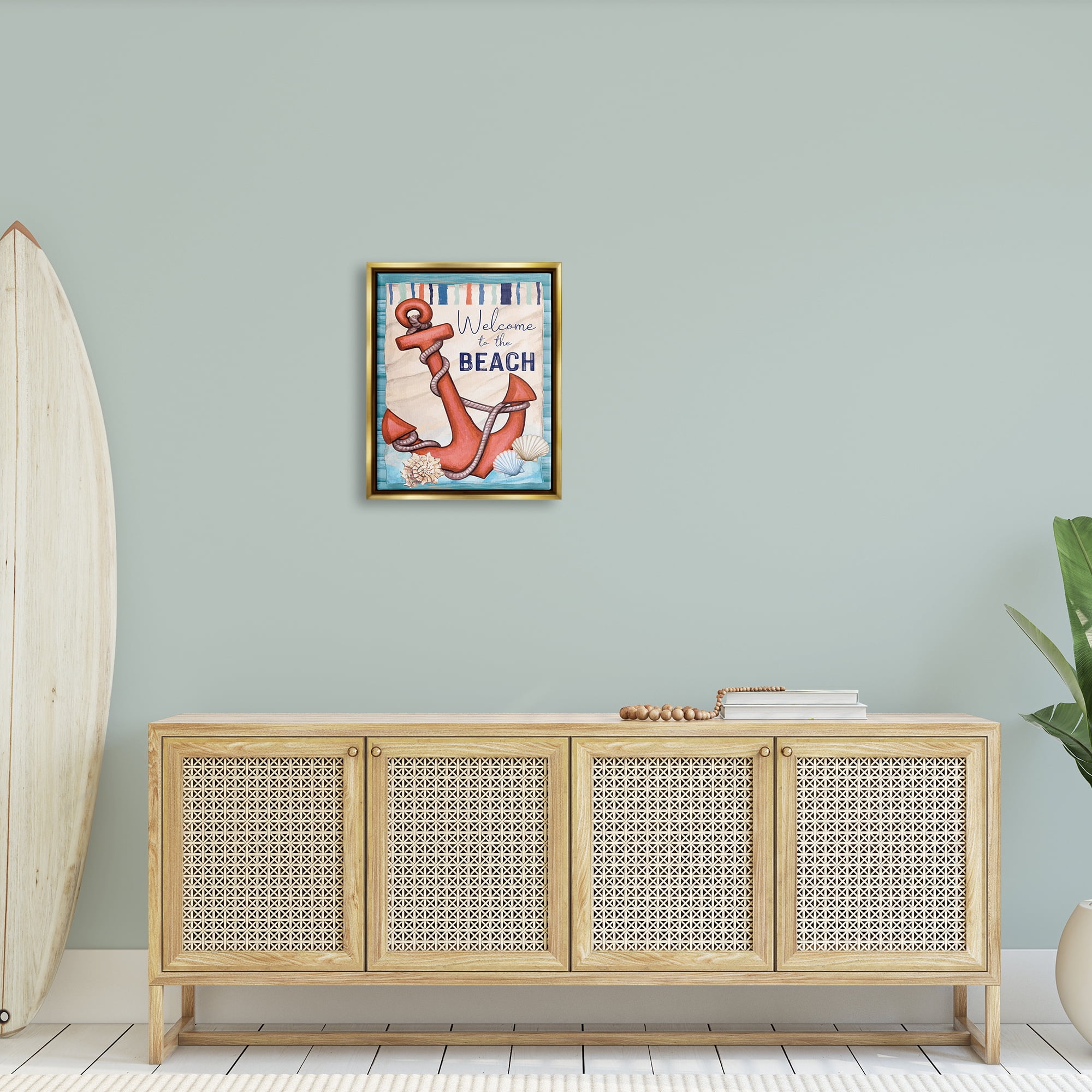 Stupell Welcome To Beach Nautical Anchor Stripes Landscape Painting Gold Floater Framed Art Print Wall Art