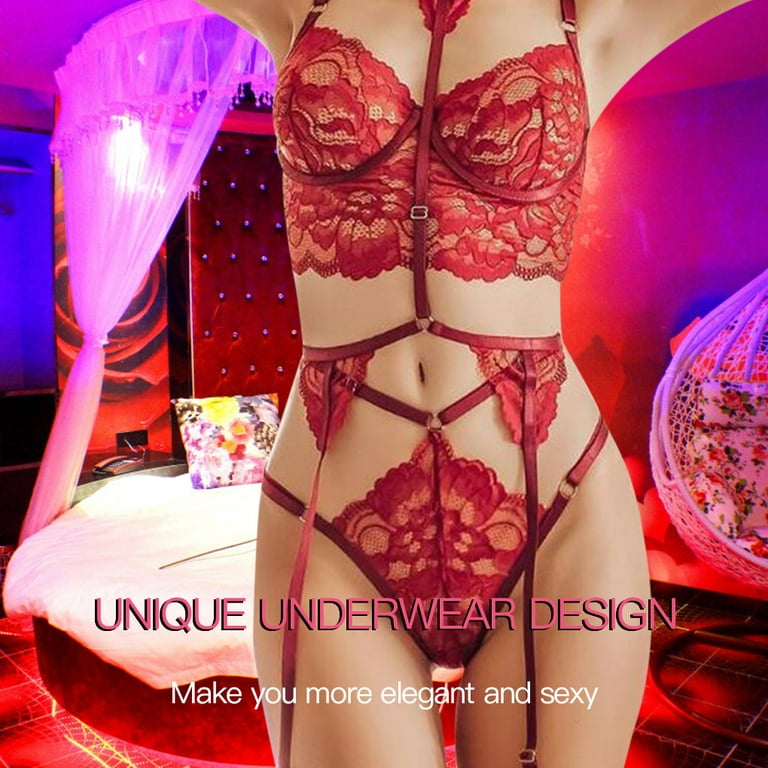 Women Lace Lingerie Set Garter Belt Bra Panty Bralette Underwear, Red, L 