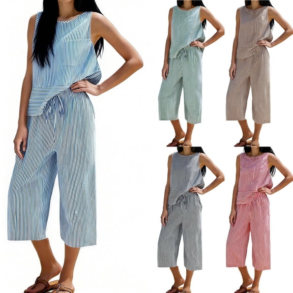 Purcolt Womens Summer 2 Piece Outfits Casual Crew Neck Sleeveless Tank Tops and Wide Leg Cropped Pants Loose Fit Loungewear Matching Set for Beach Vacation