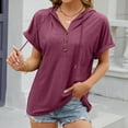 thumbnail image 2 of Wyobmus Women's Casual Summer Hoodies Rolled Short Sleeve Drawstring Hooded Tops Buttons Front V Neck Cute Pullover T-Shirts Tops S-2X Burgundy, 2 of 7