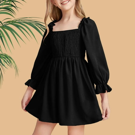 

LFEOOST Little Girls Kids Summer Chiffon Ruffle Mini Dress Square Neck Lantern Sleeve Short Dress Tulle Smocked (Black 8Y)