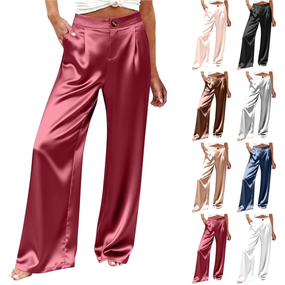 Bloomae Trendy Satin Silk Pants for Women Button High Rise Dress Pants Stretchy Summer Palazzo Bell Bottoms Trousers for Party Soft Pajamas with Pocket