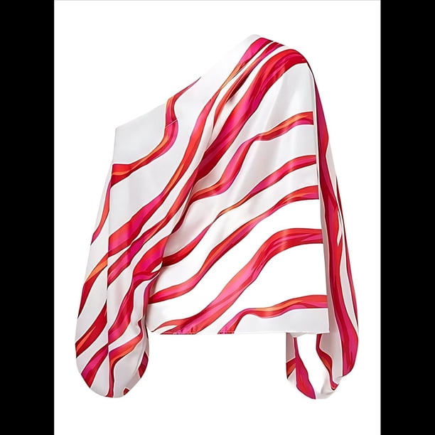 Conjunto de Dos Piezas Holgado de Otoño para Mujer, con Hombros Descubiertos, Estampado, Larga, Informal, para Salir, Pantalones Anchos Rosa Roja L