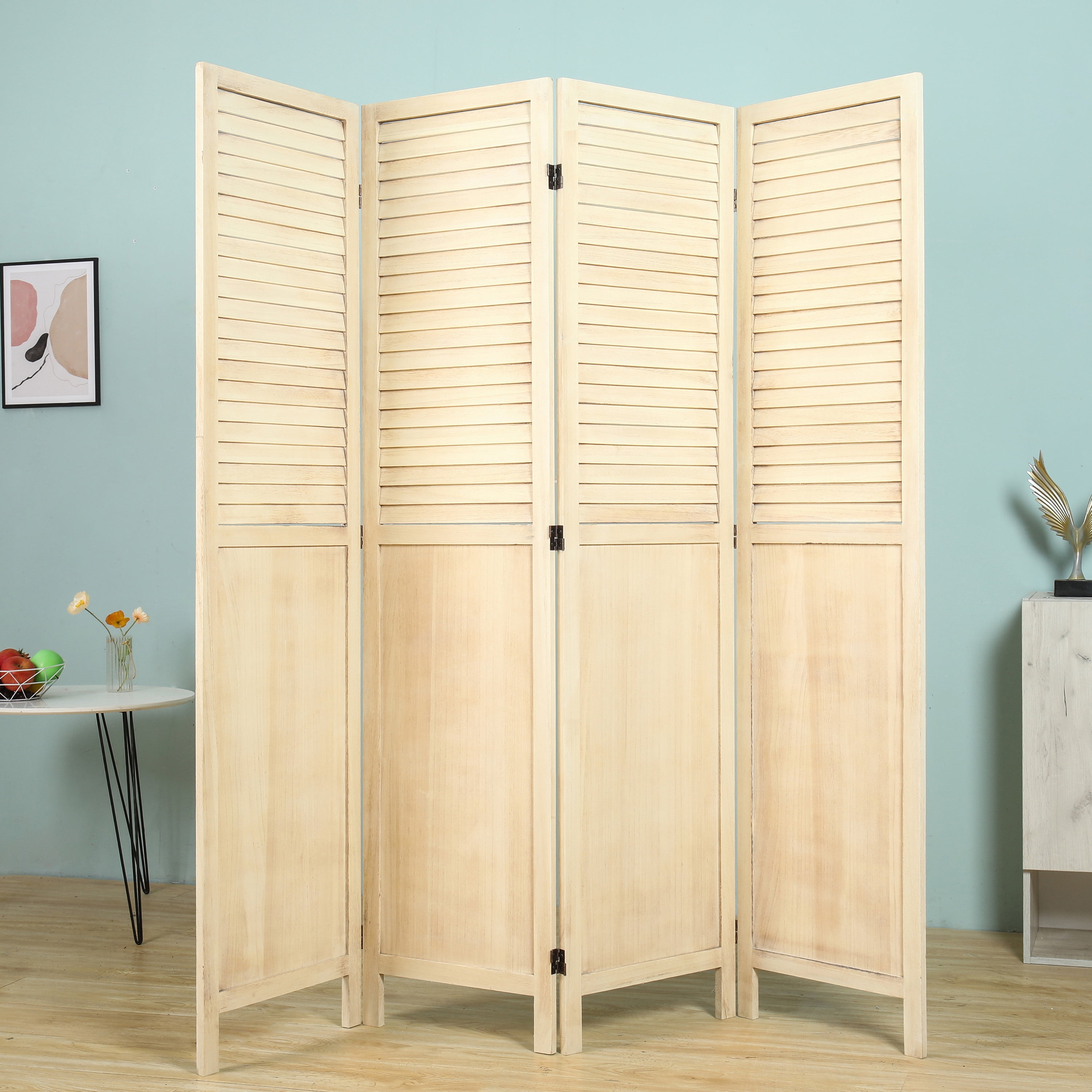 Natural 4-Panels Room Divider with Window Shutter Style