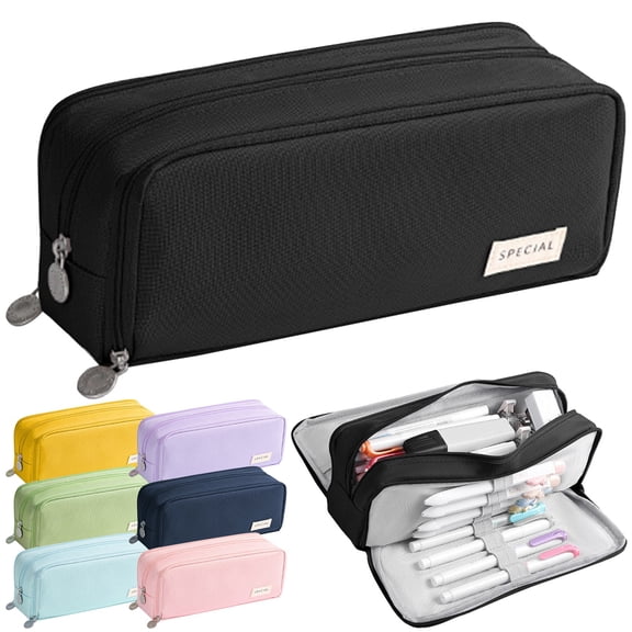 Apeya Pencil Case Large Capacity, 3 Compartments Canvas Pencil Pouch with Zipper, Navy Blue Pen Bag Organizer for Adults Students Business, 9.25x3.74x2 Inch