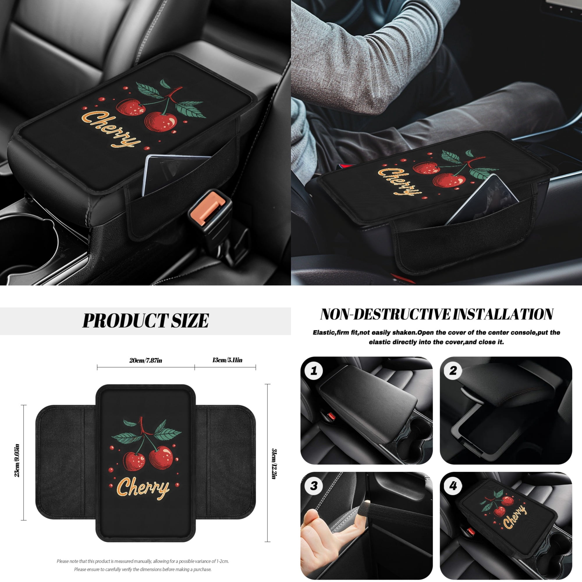 Yuyamidu 14pcs Cherry Car Seat Cover Protector with Steering Wheel Cover Seatbelt Pads Cute Auto Armrest Cover Trash Bin Rearview Mirror Cover Handbrake Cover Set Cup Holders for Women