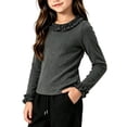 thumbnail image 2 of Girls Ruffle Neck Long Sleeve Shirts, Kids Soft Slim‑Fit Pullover Top, Solid Color Ruffle Cuffs Casual Blouse, 2 of 8
