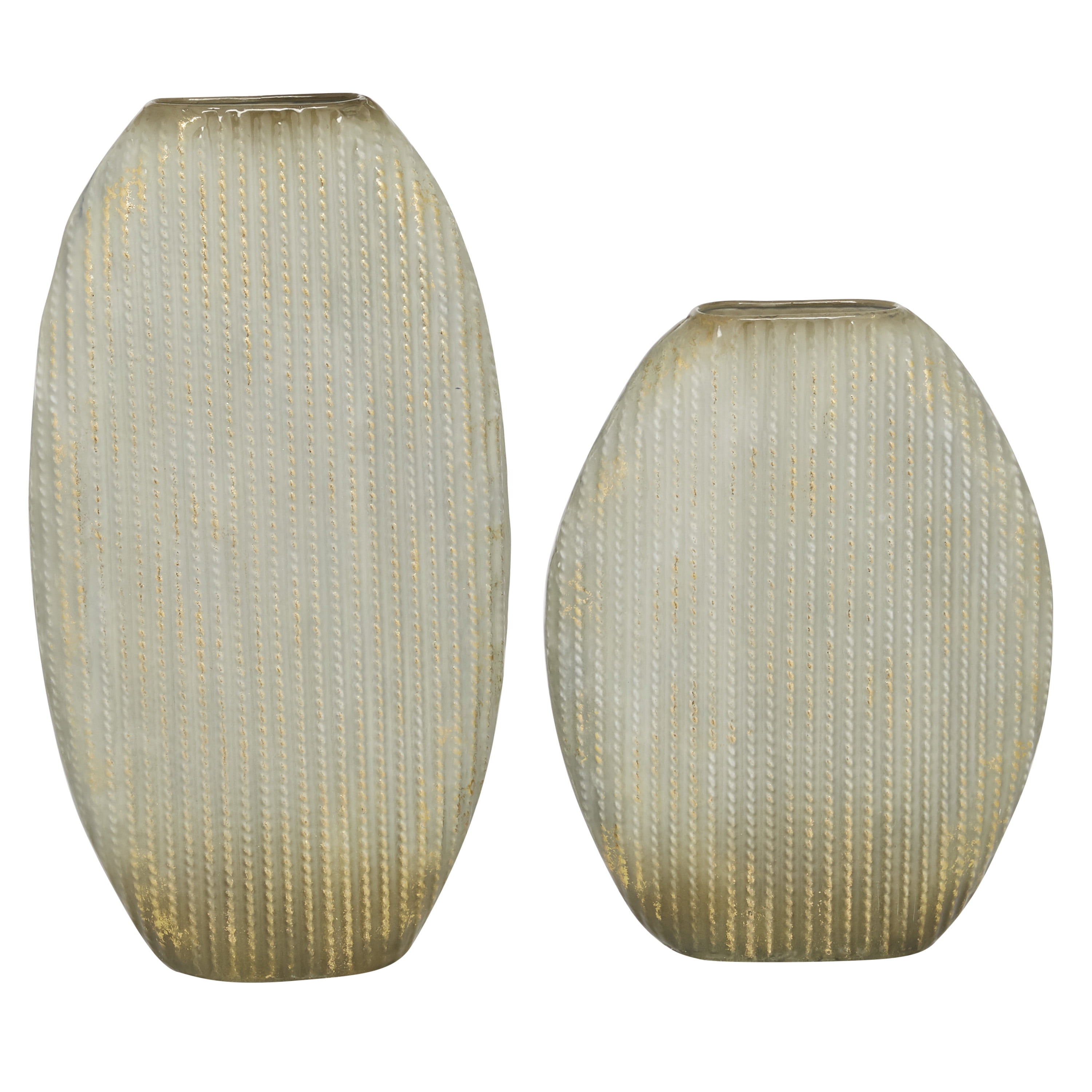 Decmode 43327 Oval Textured Metal Vase With White And Gold Glazed