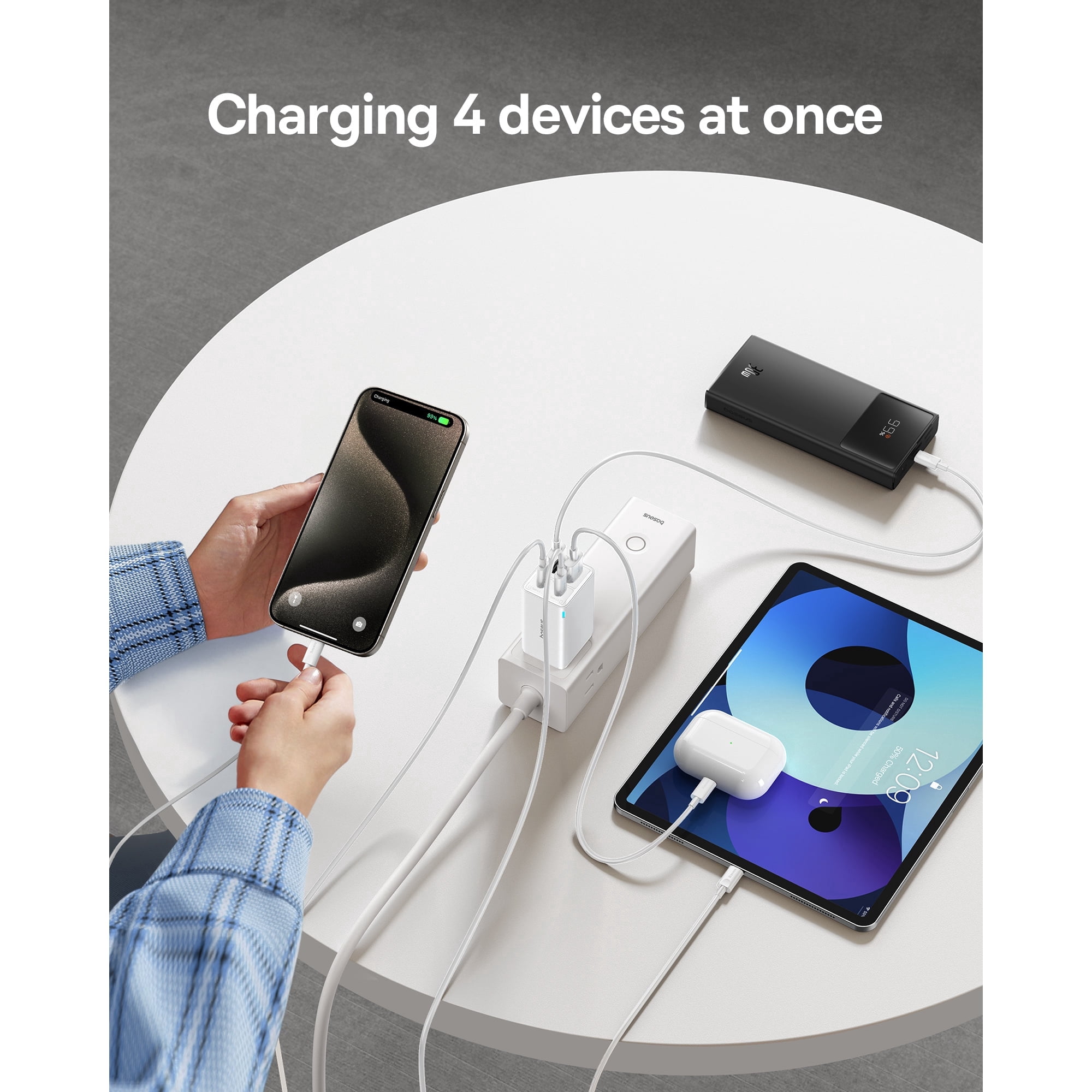 Baseus USB C Charger, 65W Wall Charger with USB C Cable, Fast Charging 4-Port USB Charger, White