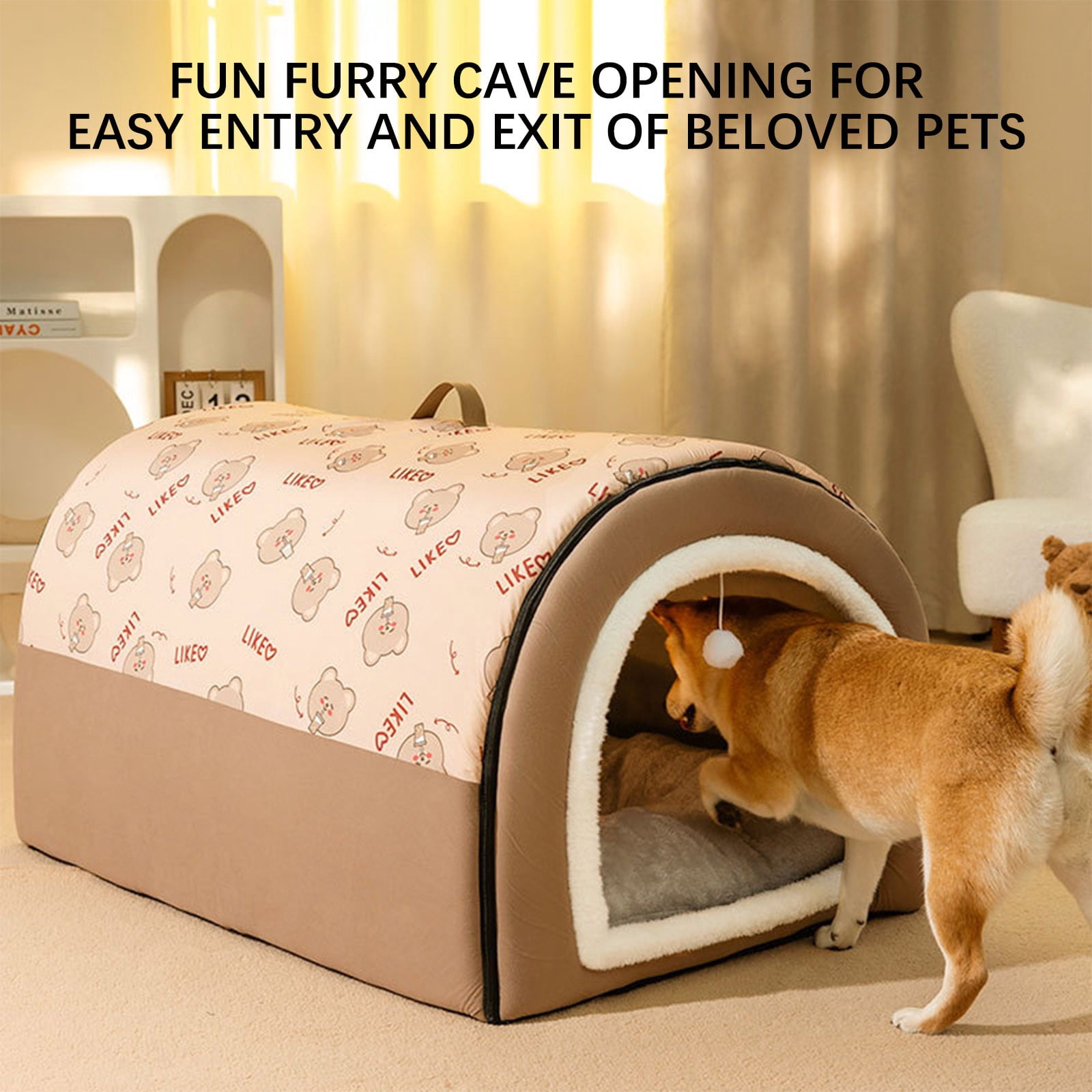 Fnochy Dog House Cozy, 2 in 1 Small Dog House, L Size for Small Medium Dog, Comfy Cave Portable House for Dogs, Warm Cave Sleeping Nest Bed for Cats and Dogs, Brown