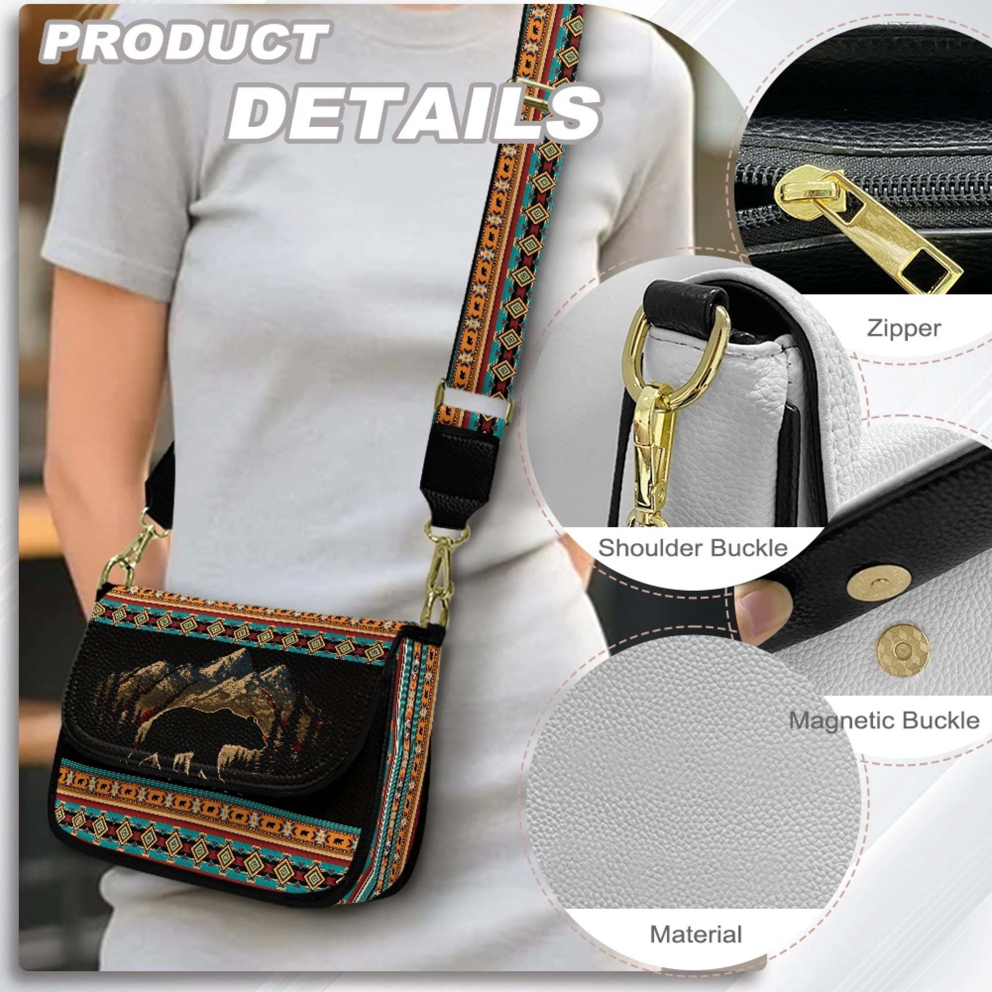 TSOVTHRID Small Crossbody Bag for Women Cell Phone Purse Women's Shoulder Handbags Wallet Purse with Zipper Inner Pocket, Aztec Tribal Bear Snow Mountain Forest Print