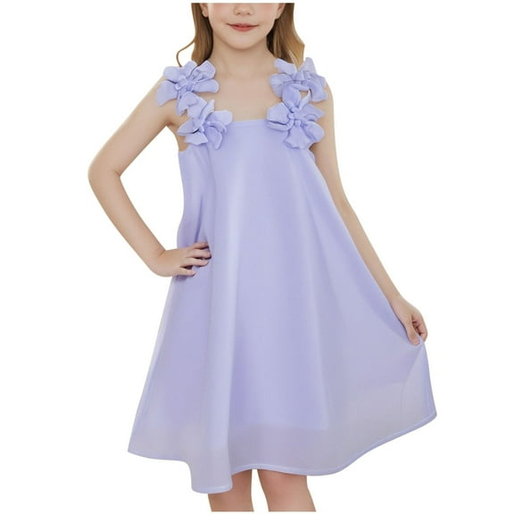 Efsteb Summer Dress for Girls Solid Color A-line Flared Belted Casual Party Dress Sleeveless Fashion Dresses (Purple,4 Years)