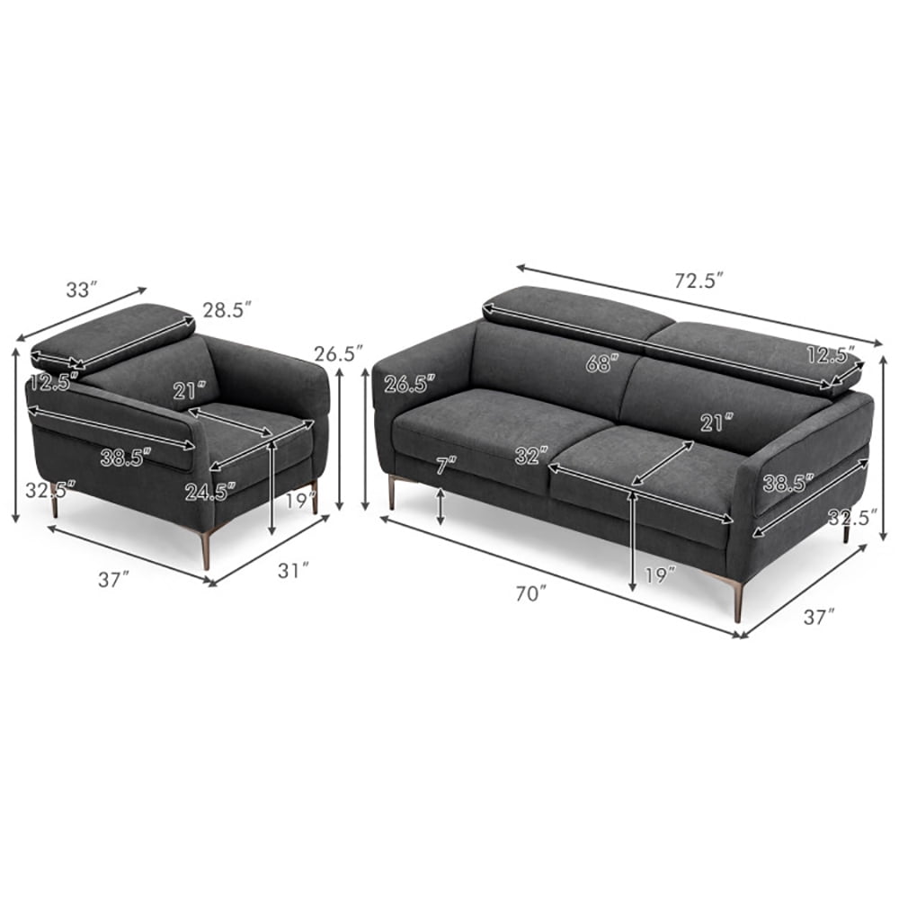Finihen Sofa Set, Modern Sofa Couch, Modern Couched Sofa set with Adjustable Headrest, for Living Room, Bedroom, Gray
