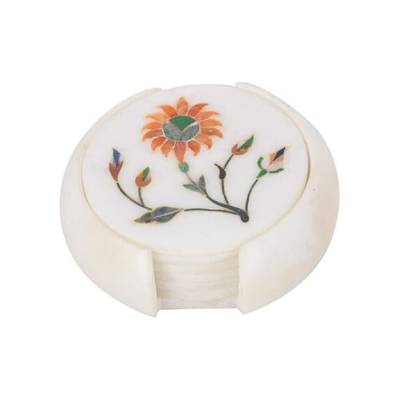 Marble Inlay Coaster 6 Pcs Set Gem Stones Inlaid Floral Art Gift