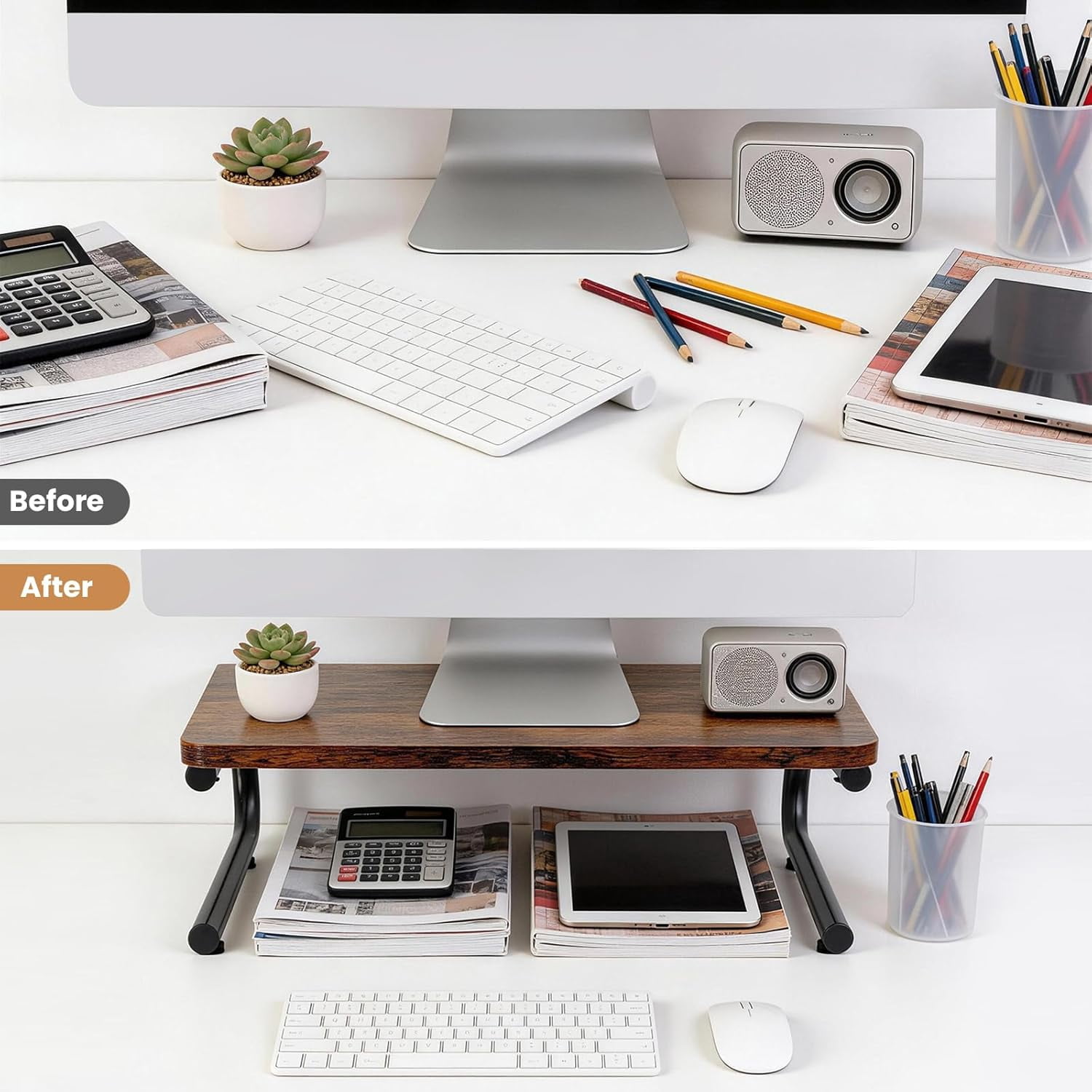 Monitor Riser for Desk, Wood & Metal Computer Monitor Stand, Laptop, PC, Printer Stand Riser, Rustic Brown