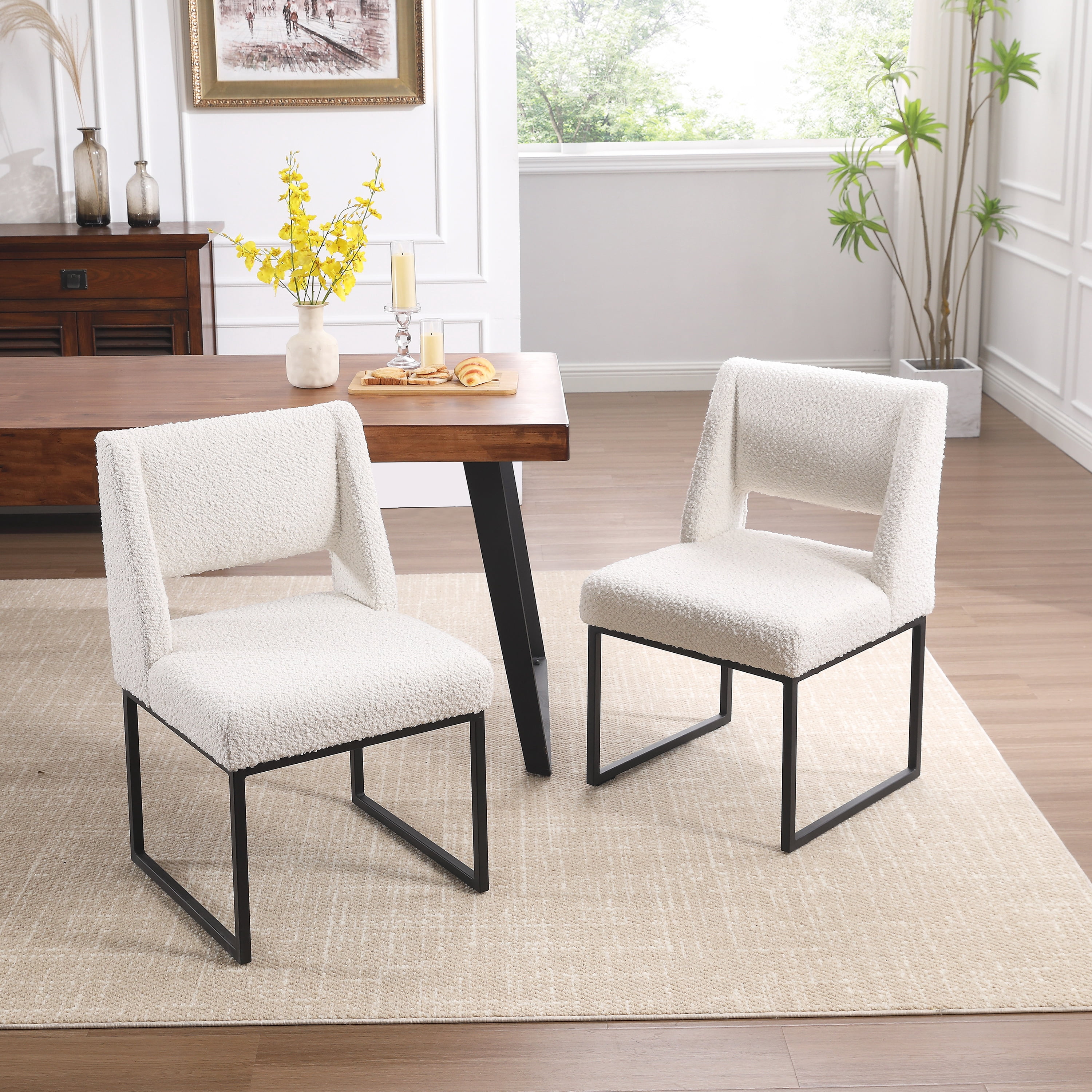 Zesthouse 18.3" Modern Dining Chairs Set of 4, Boucle Fabric Dining Room Chairs with High Back and Metal Legs, Armless Upholstered Side Chair for Dining Room Kitchen, White